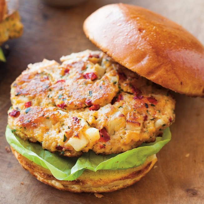 Chickpea and Roasted Red Pepper Burgers with Smoked Paprika Mayonnaise