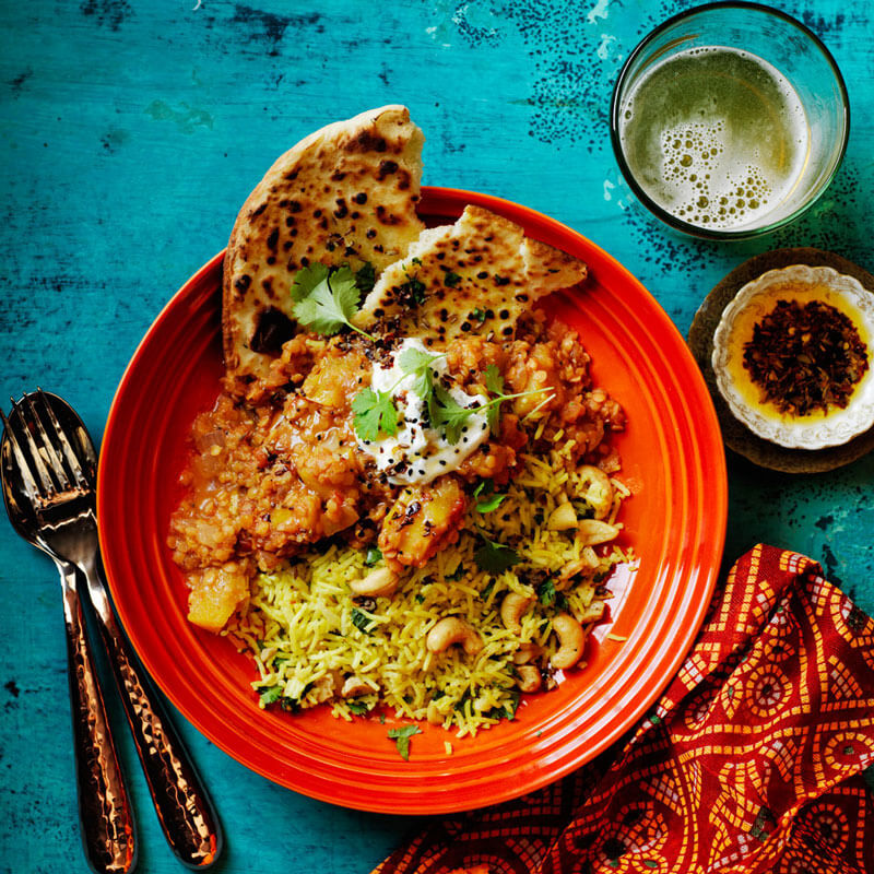 Acorn Squash Dal with Cashew-Cilantro Rice