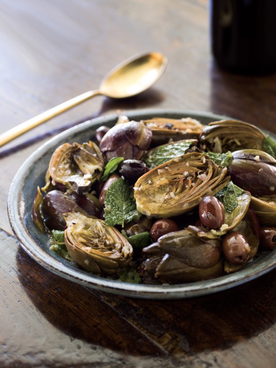 braised artichokes with lemon, mint and olives