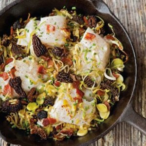 Baked Cod with Leeks, Morels and Bacon