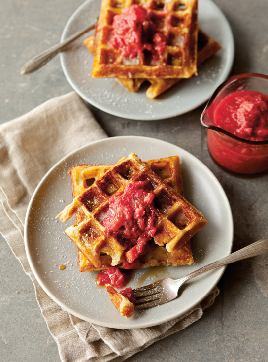 Raised Waffles with Strawberry-Rhubarb Compote