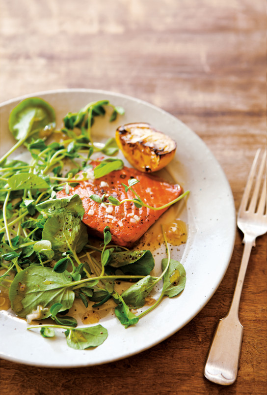 Pan-Seared Salmon with Pea Shoots and Watercress