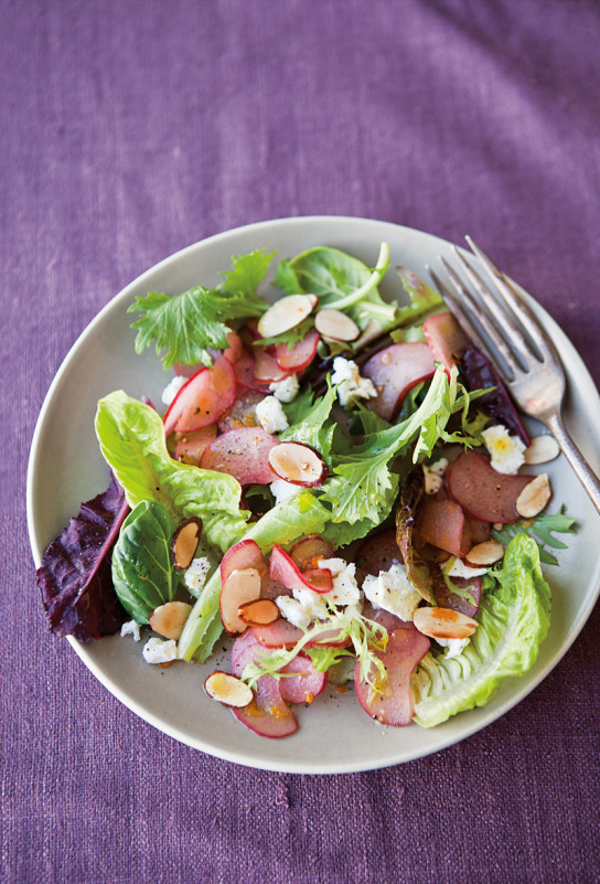 Shaved Rhubarb Salad with Almonds and Cheese