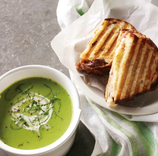 Spring Pea Soup with Grilled Ham and Cheese