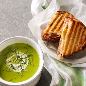 Spring Pea Soup with Grilled Ham and Cheese