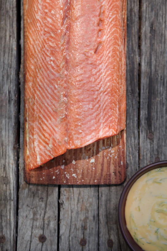 Plank-Grilled Salmon with Mustard-Dill Sauce