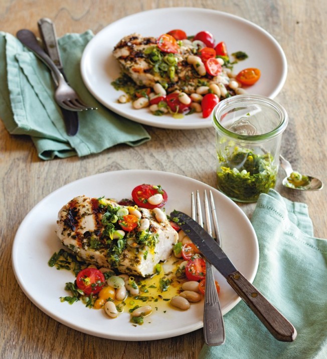 Grilled Chicken Breasts with Salsa Verde and White Beans