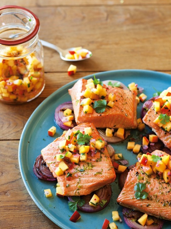Grilled Salmon and Red Onions with Nectarine Salsa