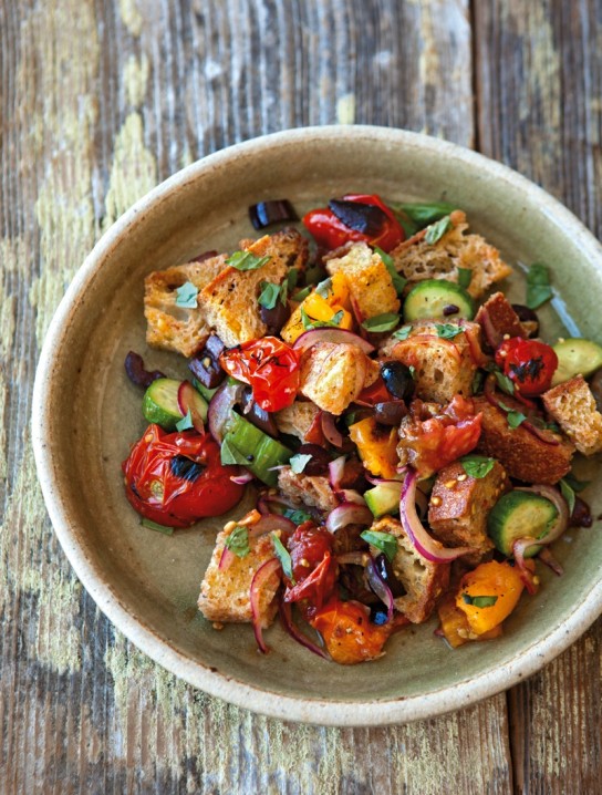 Bread Salad with Charred Tomatoes, Cucumber & Olives