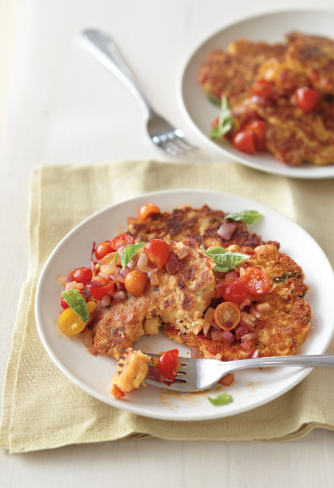 Corn and Cheddar Fritters with Sauteed Tomatoes