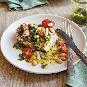 Grilled Chicken Breasts with Salsa Verde and White Beans