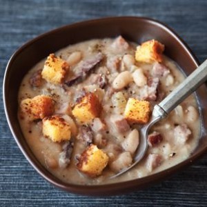 White Bean and Ham Soup with Corn Bread Croutons