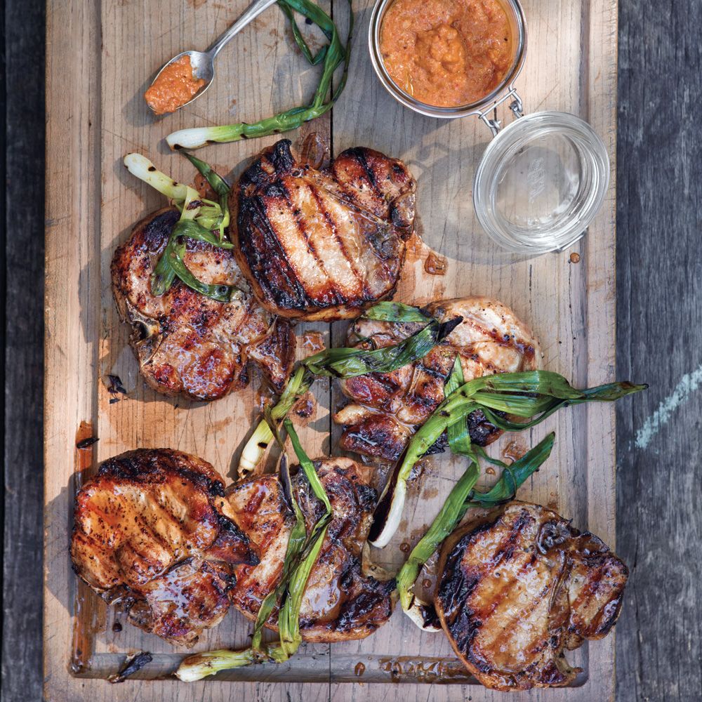 Pork Loin Chops with Romesco Sauce and Grilled Onions