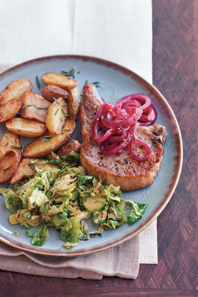 Panfried Pork Chops with Pickled Red Onions and Thyme