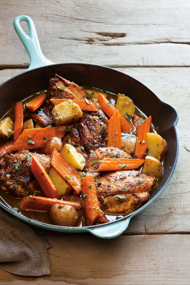 Braised Chicken Thighs with Carrots, Potatoes and Thyme