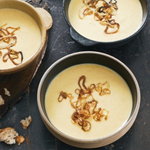 Cheddar and Ale Soup with Crispy Shallots