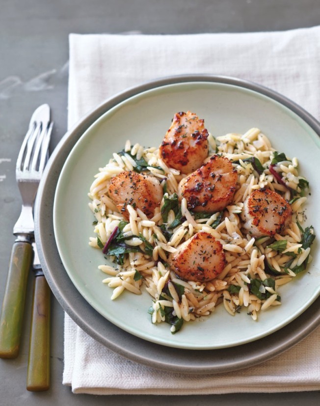 Seared Scallops with Greens and Orzo