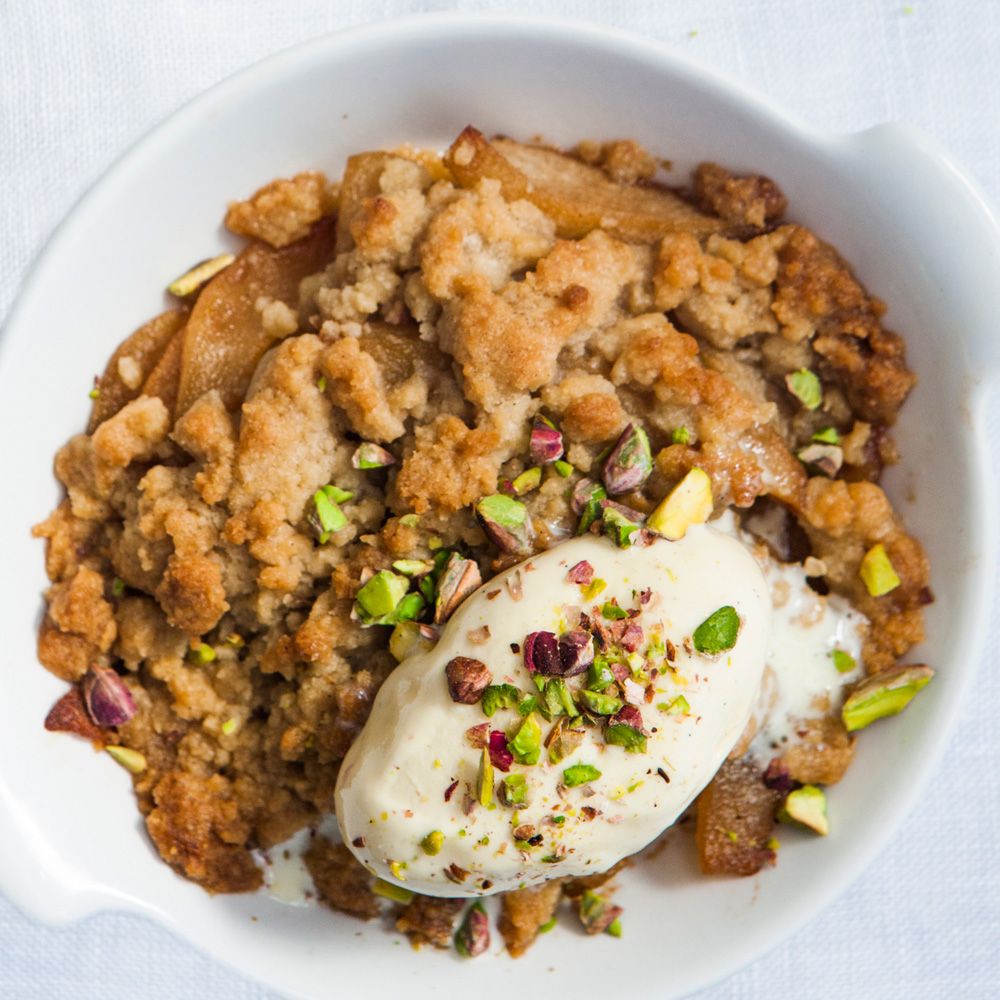 Pear Crostata with Spiced Caramel and Candied Pistachios