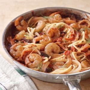 Pasta with Fennel, Tomatoes, Olives and Shrimp