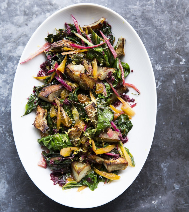 Chard Salad with Artichoke Hearts and Kalamata Olive Vinaigrette
