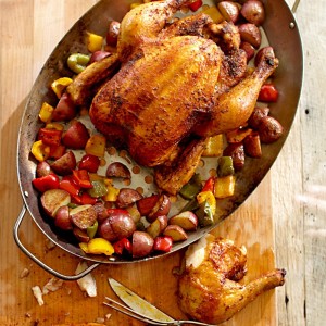 Grill-Roasted Chicken with Potatoes and Bell Peppers