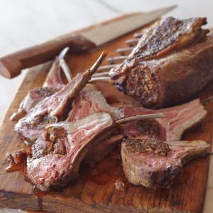 Roasted Rack of Lamb with Dried Fruit and Almond Stuffing