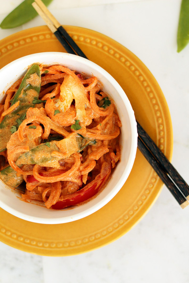 Creamy Vegetable Thai Red Coconut Curry with Sweet Potato Noodles