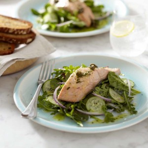 Poached Salmon over Greens with Caper Vinaigrette