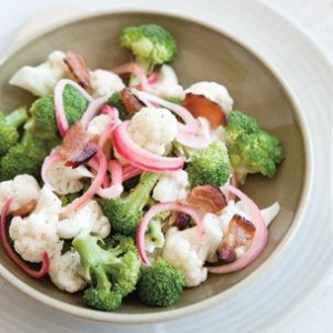 Broccoli and Cauliflower Salad with Pickled Onions and Bacon