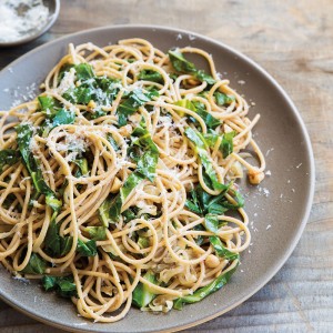 Spaghetti with Collard Greens, Hazelnuts and Caramelized Onions