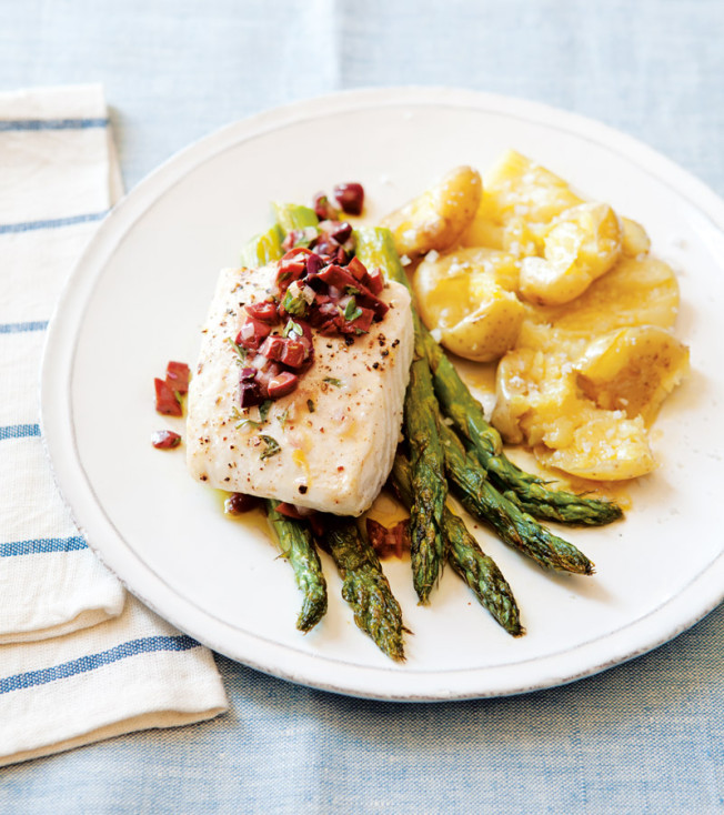 Halibut, Asparagus & Potatoes with Olive Sauce