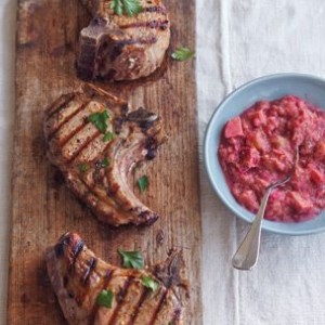 Grilled Double-Cut Pork Chops with Rhubarb Mostarda