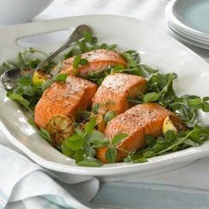 Pan-Seared Salmon with Pea Shoots and Watercress