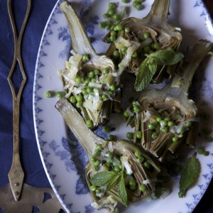 Steamed Artichokes with Flavors of Spring Green Peas and Fresh Mint