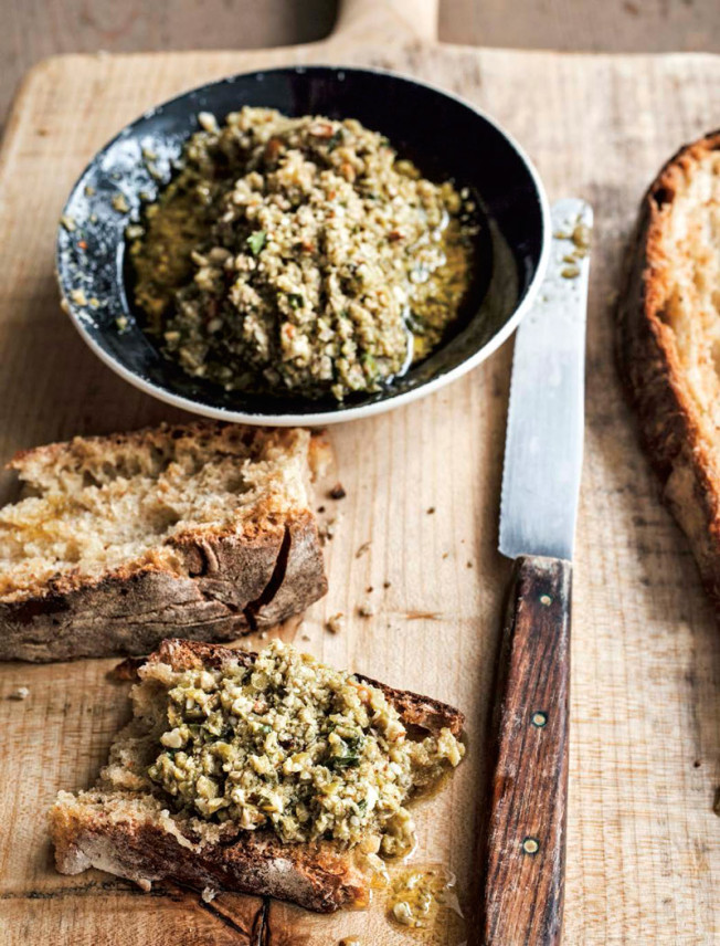 Green olive, basil, and almond tapenade