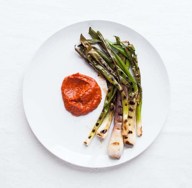 Grilled Ramps & Spring Onions with Romesco
