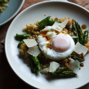 Poached Eggs with Crispy Quinoa and Brown Butter-Balsamic Roasted Asparagus