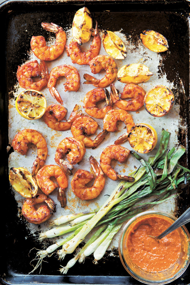 Grilled Shrimp & Green Onions with Romesco