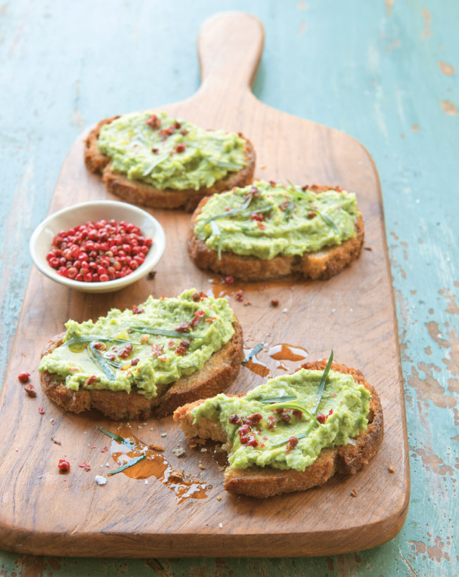 Ricotta and Pea Crostini with Tarragon and Pink Peppercorns