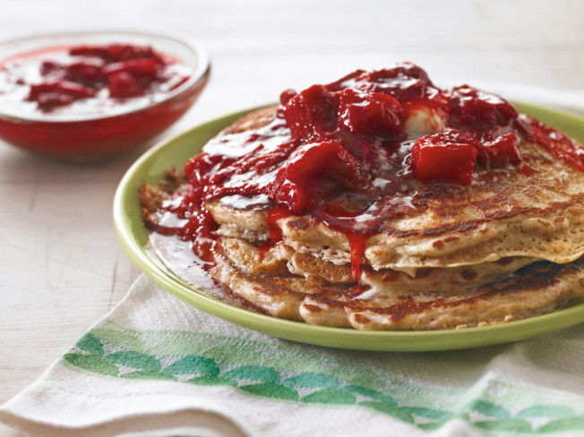 Whole Wheat Pancakes with Strawberry-Rhubarb Compote