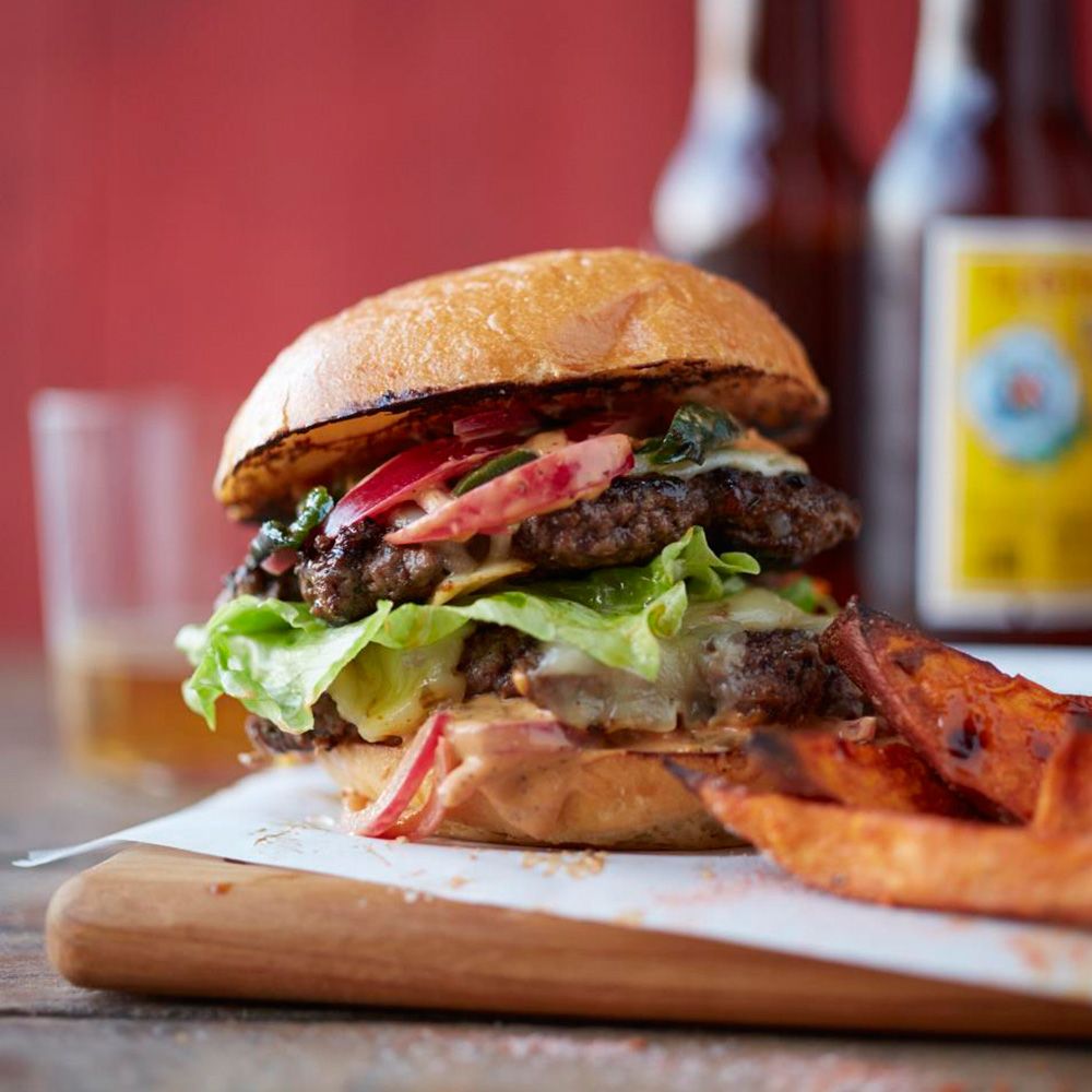 Triple-Chile Burger with Grilled Potato Wedges