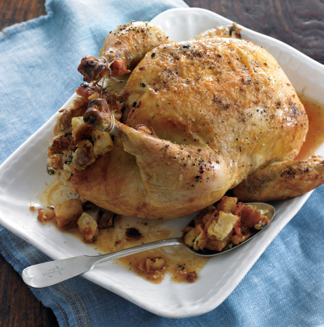 Roast Chicken Stuffed with Gruyere, Bread and Sausage
