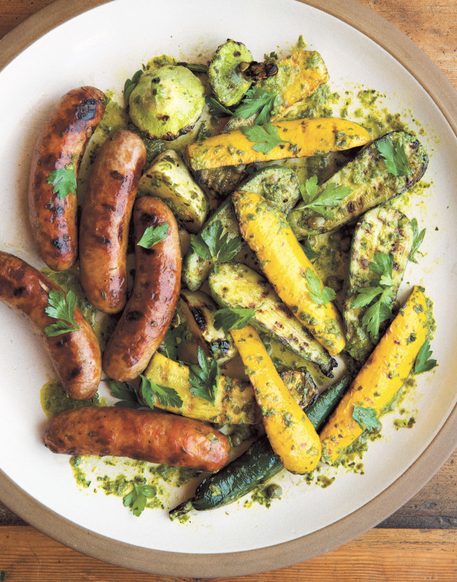 Grilled Squash and Sausages with Sauce Vert