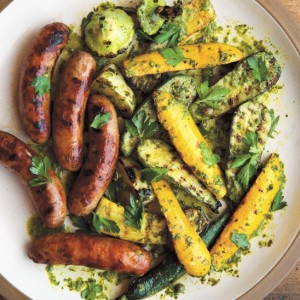 Grilled Squash and Sausages with Sauce Vert