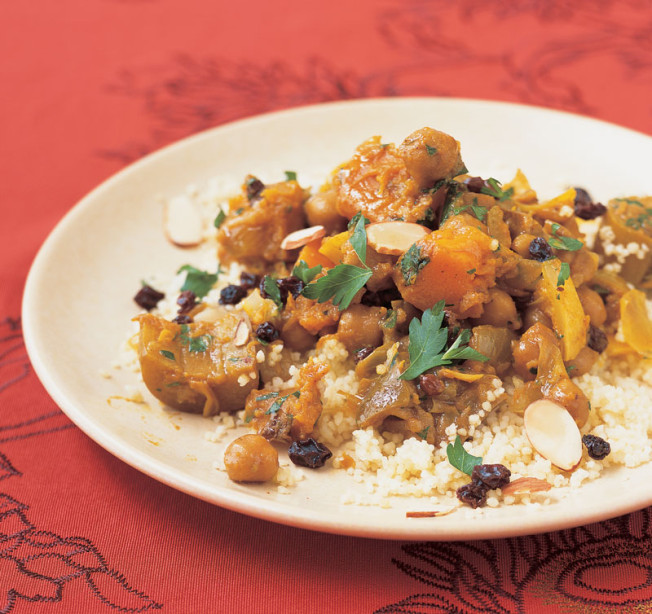 Eggplant and Golden Squash Tagine with Chickpeas and Raisins
