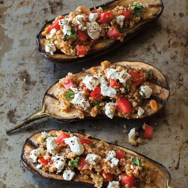 Grilled Eggplant Stuffed with Bulgur, Feta and Pine Nuts