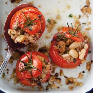 Baked Tomatoes with Tuna, White Beans and Bread Crumbs