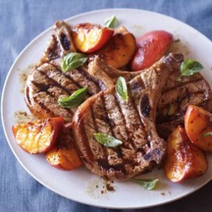 Grilled Pork Chops with Caramelized Peaches and Basil