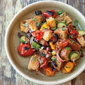 Bread Salad with Charred Tomatoes, Cucumber and Olives