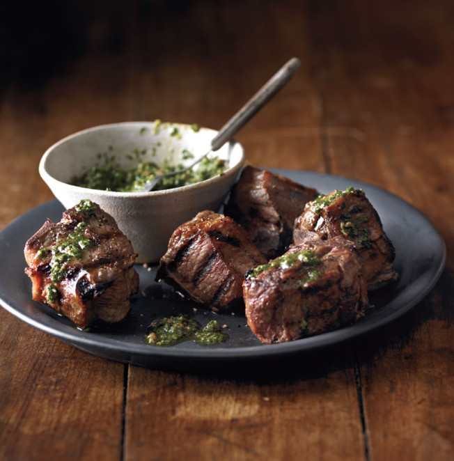 Grilled Lamb Chops with Herb-Almond Pesto